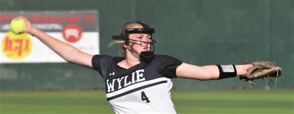 Wylie pitcher Reese Farrar gets ready to throw a pitch to an Amarillo Caprock batter in the fifth inning. Farrar struck out 15 in the Lady Bulldogs- 2-0 victory over Caprock in a one-game bi-district playoff April 28 in Woodrow.