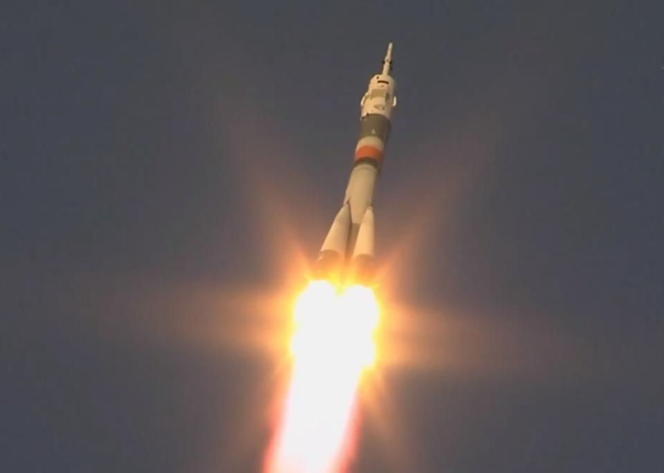 A Russian Soyuz rocket carrying three members of the Expedition 58 crew launches toward the International Space Station from Baikonur Cosmodrome in Kazakhstan on Dec. 3, 2018, marking the first crewed Soyuz launch since a dramatic abort on Oct. 11 for the Russian space agency Roscosmos. <cite>NASA TV</cite>