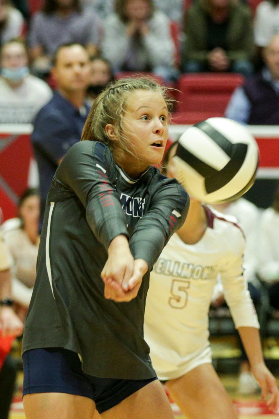 Bellmont's Paige Busick (2) hits the ball during the first set of the IHSAA Class 3A volleyball state finals, Saturday, Nov. 6, 2021 at Ball State University's Worthen Arena in Muncie.