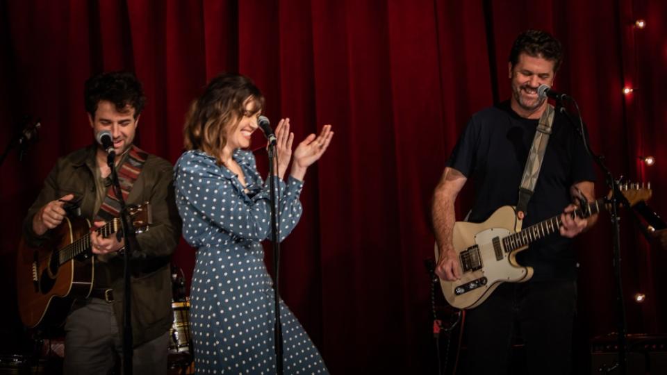 Taylor Goldsmith, Mandy Moore and Sam Jones perform during Hotel Cafe filming of 'The Talent Show'