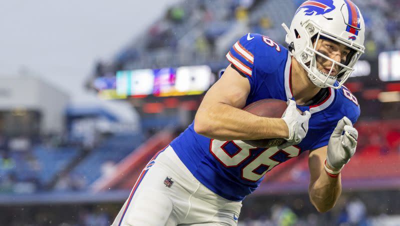 Buffalo tight end Dalton Kincaid warms up before playing against the Dallas Cowboys Sunday, Dec. 17, 2023, in Orchard Park, NY. On Sunday, the former Ute and his Bills teammates will open their playoffs with a game against the Steelers in Buffalo.