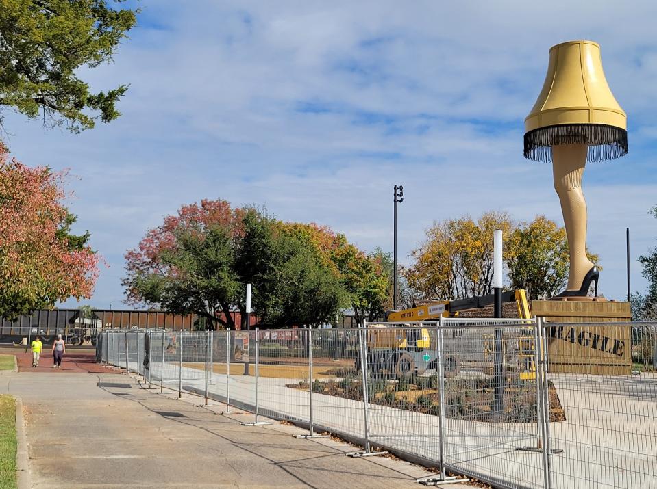 A 50-foot-tall leg lamp sculpture inspired by the 1983 cult-favorite film "A Christmas Story" stands as the centerpiece of a new park in downtown Chickasha on Oct. 30, 2022. Phase 1 of the park project will be dedicated with a Nov. 5 celebration and concert.