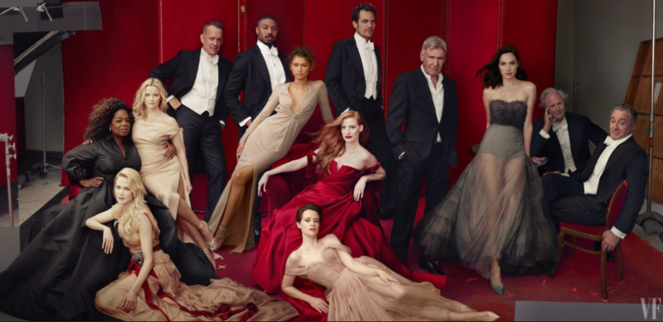 <p>The 2018 cover included a stellar line-up, including Nicole Kidman, Jessica Chastain, Robert Di Nero, Tom Hanks and Oprah Winfrey. ‘The Crown’ star Claire Foy made her debut, as she Zendaya. But it was Reese Witherspoon’s ‘third leg’ that got everyone talking. <i>[Photo: Vanity Fair]</i> </p>