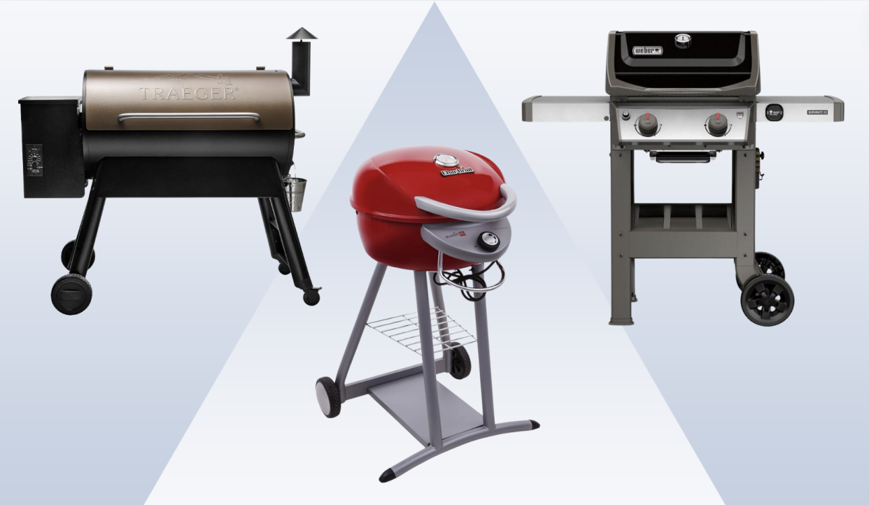 A Traeger smoker, Char-Broil electric grill and Weber gas grill are shown lined up for Yahoo Life's guide to the best grills.