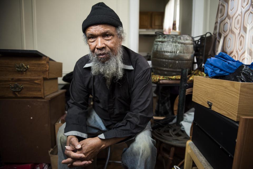 Brooklyn resident Winston&nbsp;Stiell&nbsp;sits among his possessions on Jan. 8, 2018.&nbsp;Stiell and his wife Violet were evicted from&nbsp;their Prospect Lefferts Gardens apartment last year. (Photo: Damon Dahlen/HuffPost)