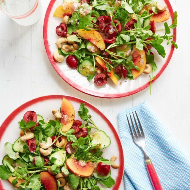 <p>Give peppery watercress a pop of sweetness with fresh cherries and peaches.</p><p>Get the <a href="https://www.delish.com/uk/cooking/recipes/a33243779/gingery-watercress-and-cherry-salad-recipe/" rel="nofollow noopener" target="_blank" data-ylk="slk:Gingery Watercress-and-Cherry Salad;elm:context_link;itc:0;sec:content-canvas" class="link ">Gingery Watercress-and-Cherry Salad</a> recipe.</p>