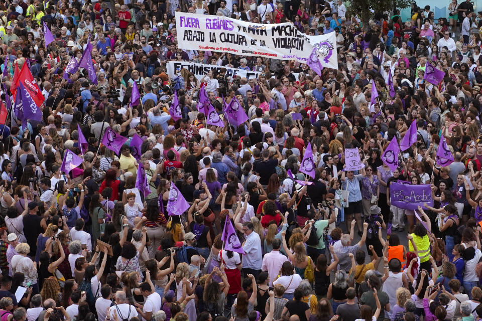 FILE - Demonstrators gather in the center of Madrid for an anti-Rubiales protest and to support Spain player Jenni Hermoso, on Monday, Aug. 28, 2023. The kiss by Luis Rubiales has unleashed a storm of fury over gender equality that almost marred the unprecedented victory but now looks set to go down as a milestone in both Spanish soccer history but also in women's rights. (AP Photo/Andrea Comas, file)
