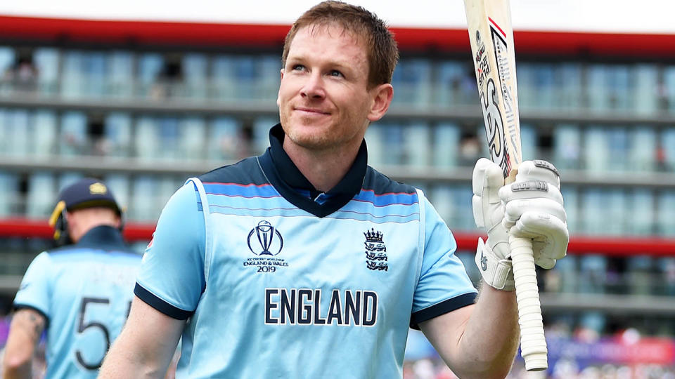 Eoin Morgan walks off after being dismissed for 148. (Photo by Gareth Copley-IDI/IDI via Getty Images)