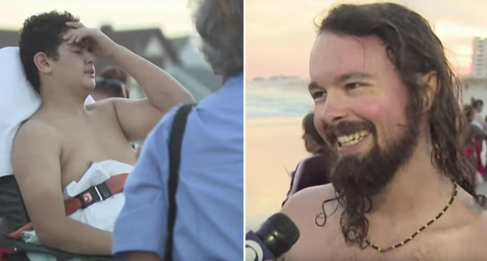 Roy Molloy (right), a saxophonist from Sydney, was at New York’s Rockaway Beach at the weekend when he noticed a boy drowning (left). Source: CBS2