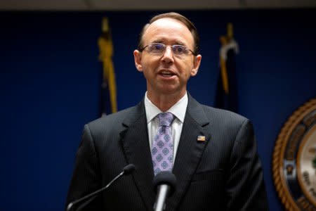 FILE PHOTO: Deputy Attorney General Rod Rosenstein speaks during a news conference to announce efforts to reduce transnational crime, at the U.S. District Attorney's office, in Washington, U.S., October 15, 2018. REUTERS/Al Drago -/File Photo