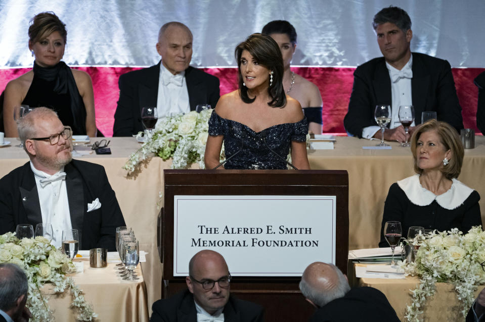 Keynote speaker Ambassador to the United Nations Nikki Haley addresses the 73rd Annual Alfred E. Smith Memorial Foundation Dinner Thursday, Oct. 18, 2018, in New York. (AP Photo/Craig Ruttle)