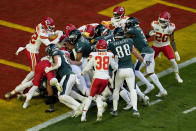 Philadelphia Eagles quarterback Jalen Hurts (1) rushes for a touchdown against the Kansas City Chiefs during the first half of the NFL Super Bowl 57 football game, Sunday, Feb. 12, 2023, in Glendale, Ariz. (AP Photo/Charlie Riedel)