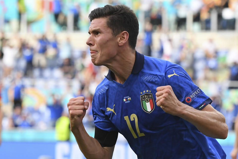 Italy's Matteo Pessina celebrates after scoring his side's opening goal during the Euro 2020 soccer championship group A match between Italy and Wales at the Stadio Olimpico stadium in Rome, Sunday, June 20, 2021. (Alberto Lingria/Pool via AP)