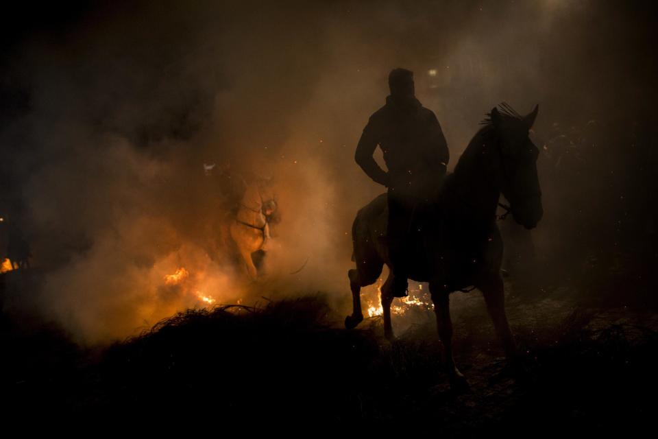 Un hombre cabalga a través del fuego como parte de un ritual en honor a San Antonio Abad, el patron de los animales domésticos, en San Bartolomé de Pinares, a unos 100 kilómetros al oeste de Madrid, en España, el 16 de enero de 2017. En la víspera de San Antonio, cientos de personas cabalgan a través de las estrechas calles de la pequeña localidad de San Bartolomé durante Las Luminarias, una tradición que remonta 500 años atrás y busca purificar a los animales con el humo de las hogueras y protegerlos para el año entrante. (AP Foto/Emilio Morenatti)