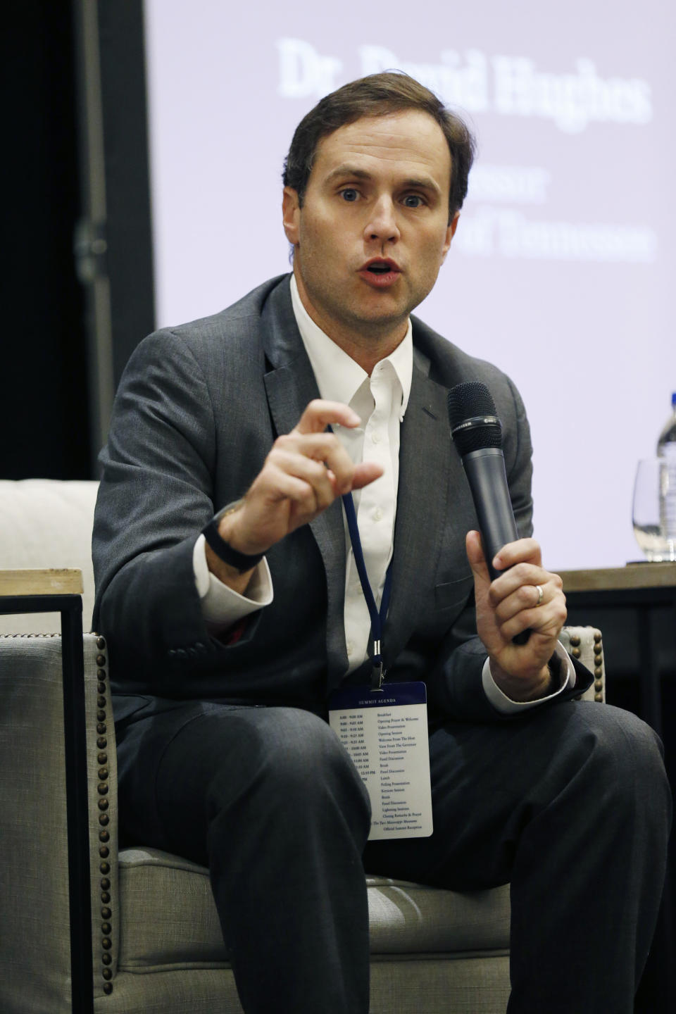 Louisiana State Rep. Tanner Magee, R-Houma speaks about the legislation the Louisiana Legislature have enacted to begin criminal justice reform, at the Mississippi Summit on Criminal Justice Reform in Jackson, Miss., Tuesday, Dec. 11, 2018. The meeting was put on by a coalition of groups that favor changes to reduce harshness in the criminal justice system. (AP Photo/Rogelio V. Solis)