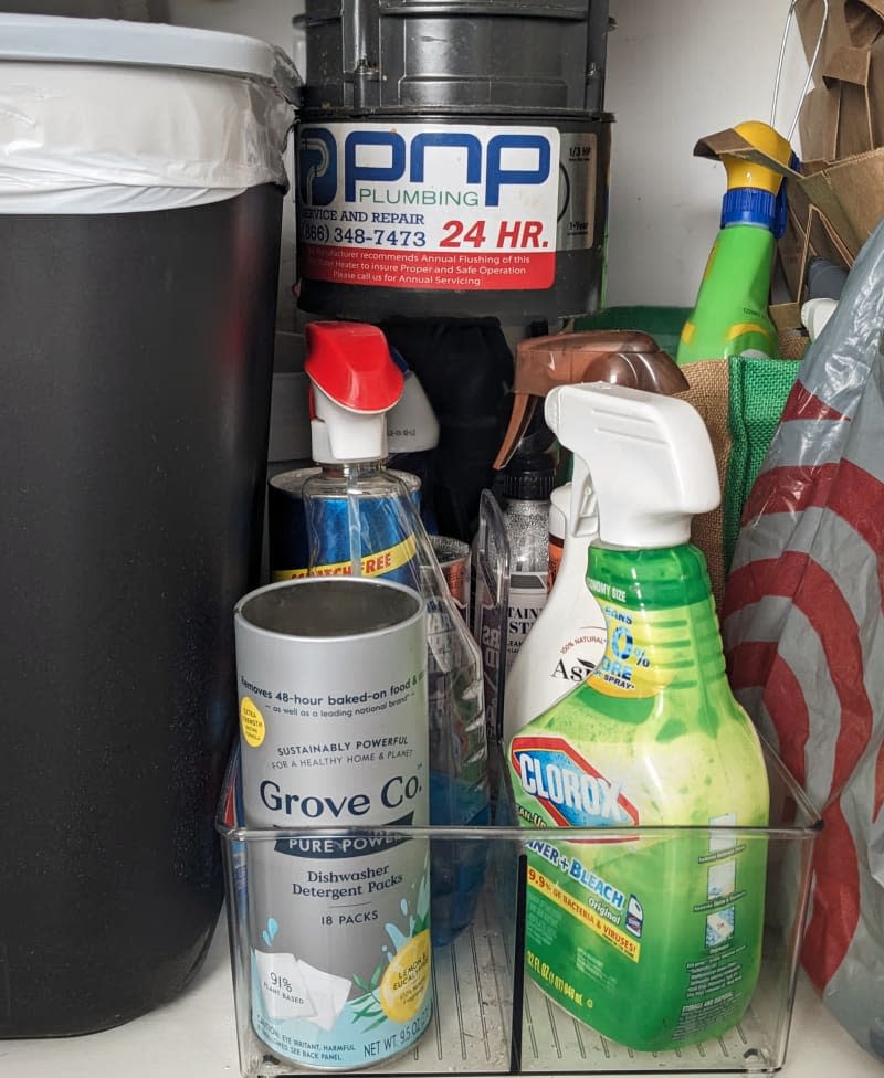 Cleaning products in a bin under the sink.