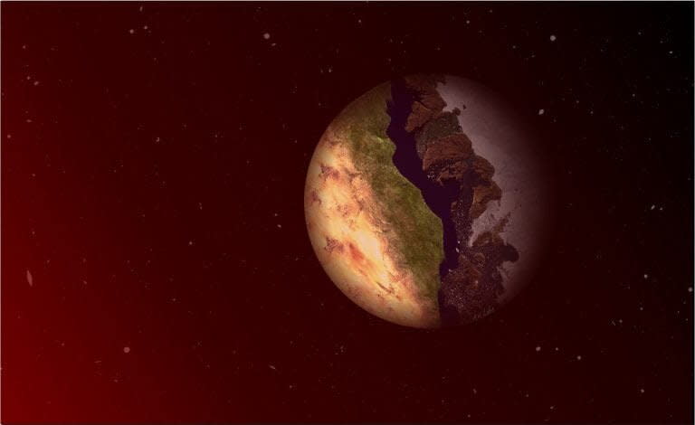  An illustration of an Earth-like planet that is locked with one side always facing its sun, and one side in eternal darkness 