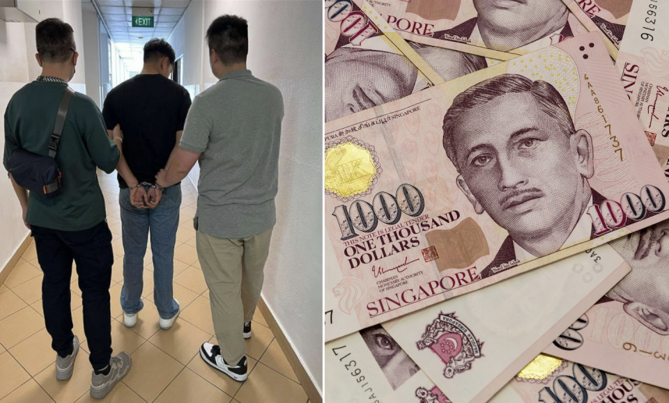 One of the men caught by the police (left) and Singapore thousand dollar notes (Photos: SPF and Getty Images)