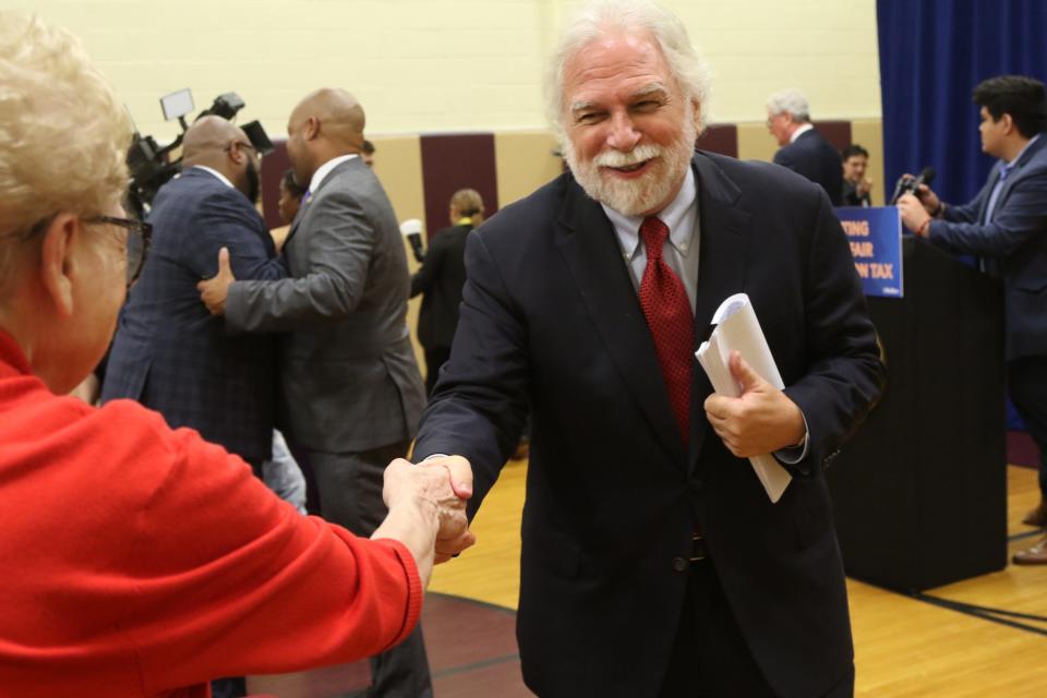 Fort Lee, NJ July 21, 2023 -- Joan Voss with attorney Randy Mastro who filed a lawsuit by the state of NJ against NY’s congestion tax. New Jersey Governor Phil Murphy signed a bill with the support of a delegation of politicians representing the Garden State, who came to Fort Lee to announce a lawsuit against the city of New York for imposing a congestion tax and it’s adverse impact on the citizens of NJ and it’s environmental impact.