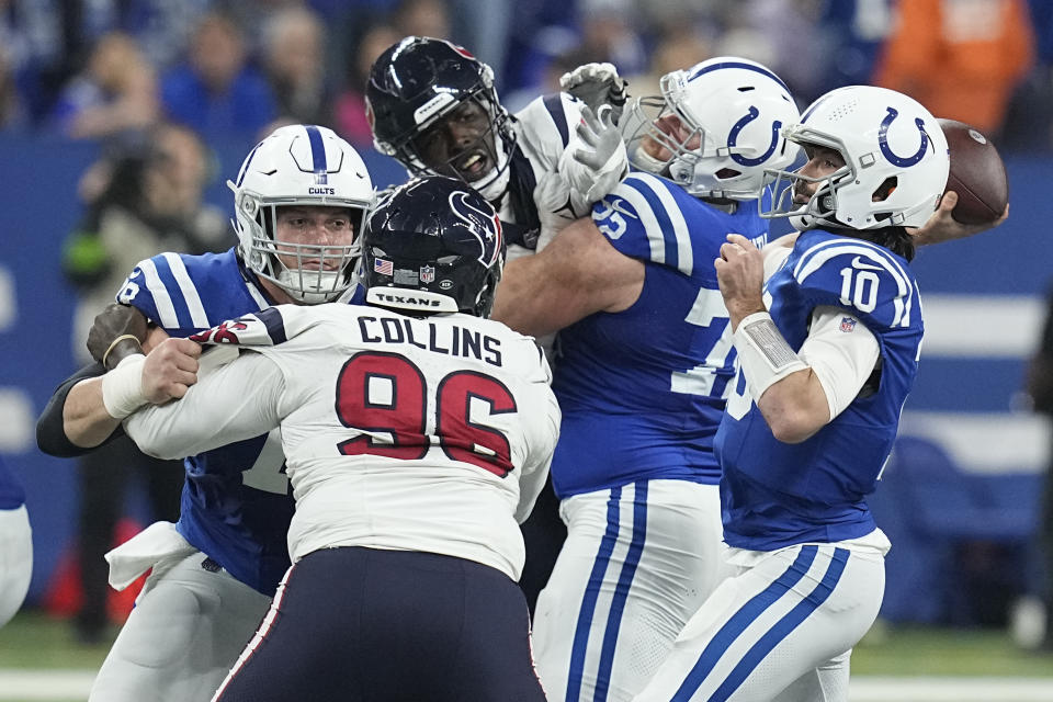 Indianapolis Colts quarterback Gardner Minshew (10) throws a pass against the Houston Texans during the first half of an NFL football game Saturday, Jan. 6, 2024, in Indianapolis. (AP Photo/Darron Cummings)