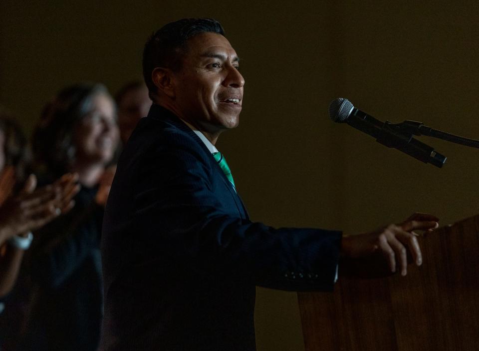 Diego Morales, Indiana’s new Secretary of State, gives remarks on Tuesday, Nov. 8, 2022, during a GOP election night event at the JW Marriott in Indianapolis. 