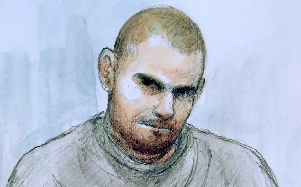 Artists impression of Damien Bendall appearing via video link at Southern Derbyshire Magistrates' Court - Helen Tipper/SWNS