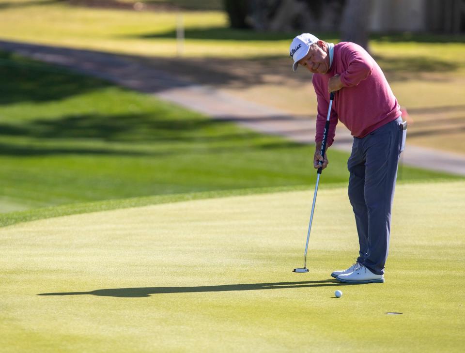 Billy Mayfair putts on the 11th green during the first round of the Galleri Classic in Rancho Mirage, Calif., Friday, March 24, 2023. 