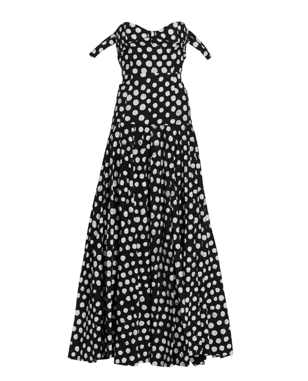 <p>Studio 189 Polka Dots Off-The-Shoulder Evening Gown, $775, <a href="https://rstyle.me/+I_jbcKfAhOa9bifGn_HN4g" rel="nofollow noopener" target="_blank" data-ylk="slk:available here;elm:context_link;itc:0;sec:content-canvas" class="link ">available here</a> (sizes XS-XL)</p>