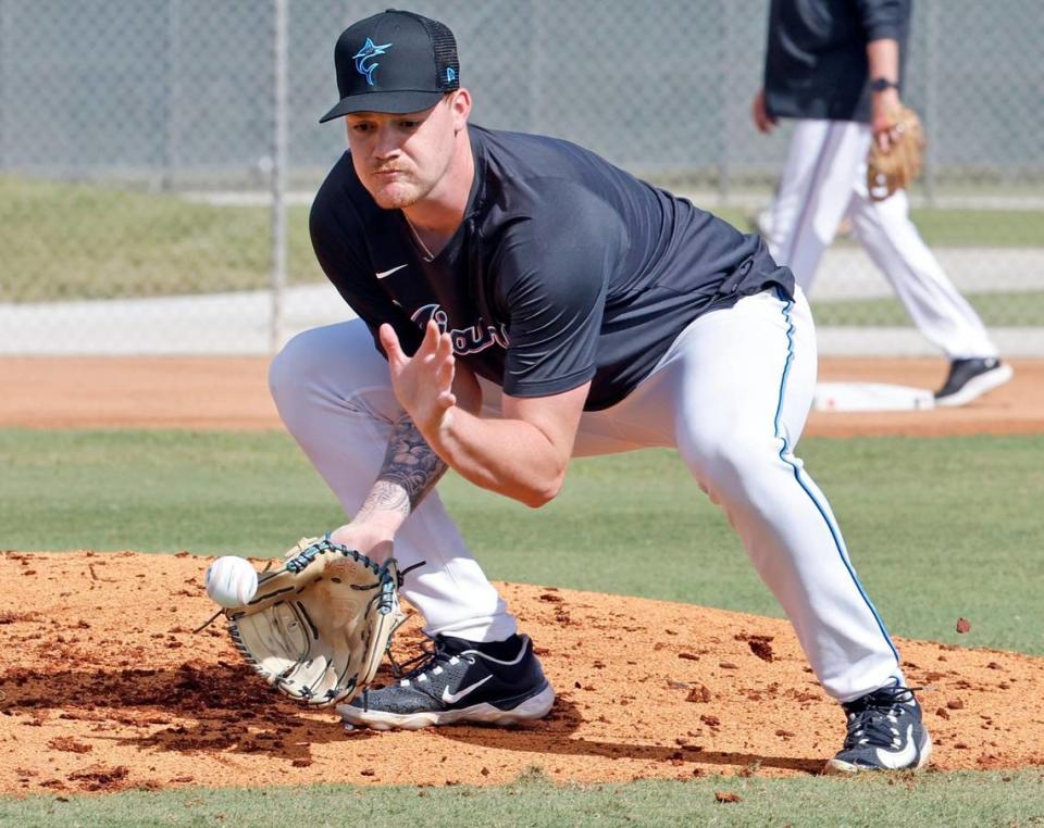 Miami Marlins pitcher Dax Fulton goes through fielding drills at Roger Dean Chevrolet Stadium in Jupiter, Florida on Thursday, February 16, 2023.