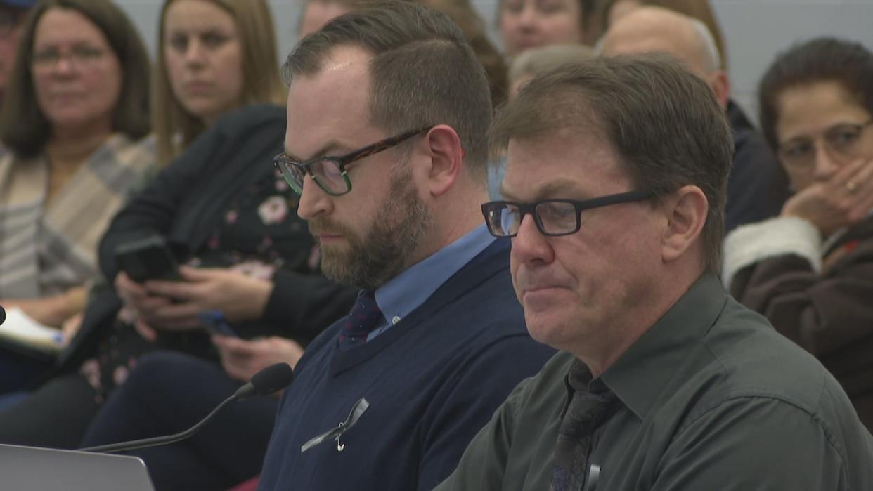 Dr. Daniel Albrechtson, left, and Dr. Steven MacNeill with East Prince Medical Staff Association present to the legislative standing committee on health and social development. (Tony Davis/CBC - image credit)