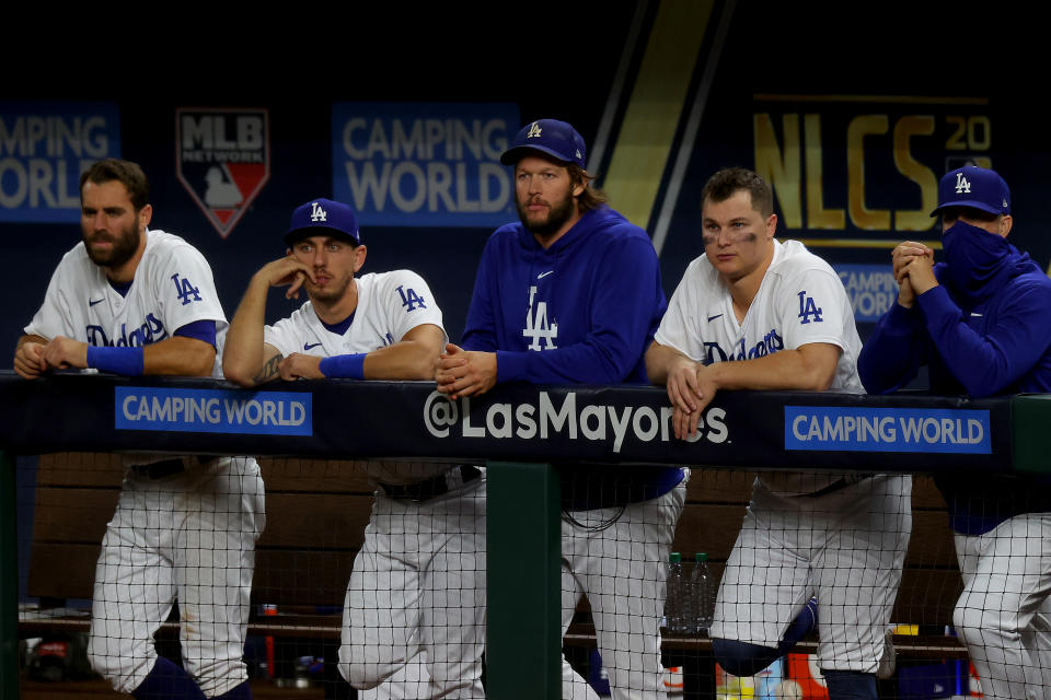 ARLINGTON, TEXAS - OCTOBER 13:  Clayton Kershaw #22 of the Los Angeles Dodgers looks on against the Atlanta Braves during the sixth inning in Game Two of the National League Championship Series at Globe Life Field on October 13, 2020 in Arlington, Texas. (Photo by Ronald Martinez/Getty Images)