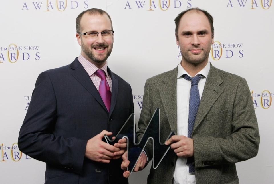 Sam Bain and Jesse Armstrong  with the Comedy Award for ‘Peep Show’ at the South Bank Show Awards in 2006 (Getty)