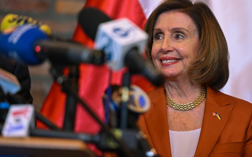 RZESZOW, POLAND - MAY 01: Nancy Pelosi holds a press conference next to US members of congress after a visit to Kyiv in Rzeszow, Poland on May 01, 2022. (Photo by Stringer/Anadolu Agency via Getty Images) - Anadolu Agency 