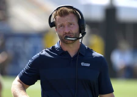 FILE PHOTO: Aug 18, 2018; Los Angeles, CA, USA; Los Angeles Rams coach Sean McVay reacts during a preseason game against the Oakland Raiders at Los Angeles Memorial Coliseum. The Rams defeated the Raiders 19-15. Mandatory Credit: Kirby Lee-USA TODAY Sports