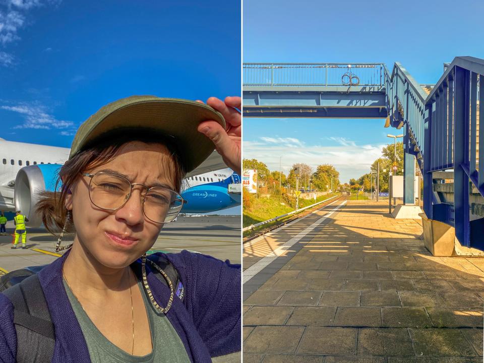 The author arrives in Berlin (L) and waits at a train platform near the airport (R).