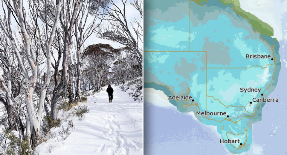 Snowfall in Thredbo, and a map showing icy regions in Australia's east coast.