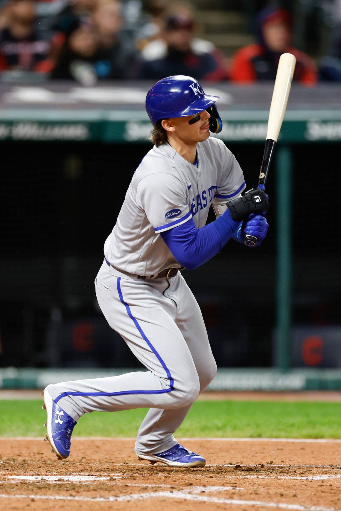 Kansas City Royals’ Bobby Witt Jr. watches his single off Cleveland Guardians relief pitcher Cody Morris during the sixth inning of a baseball game, Monday, Oct. 3, 2022, in Cleveland. (AP Photo/Ron Schwane)