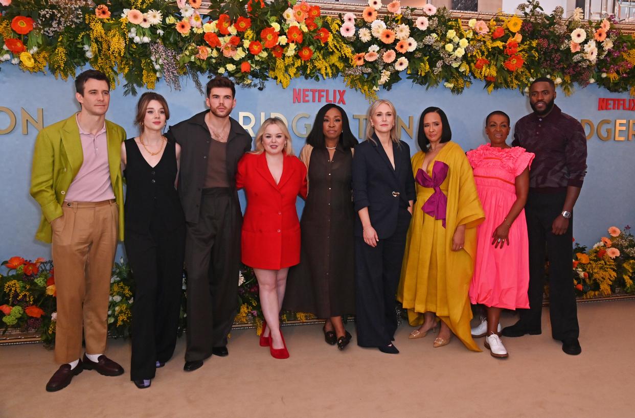 Shonda Rhimes and the "Bridgerton" cast season 3 sneak peek in February 2024.