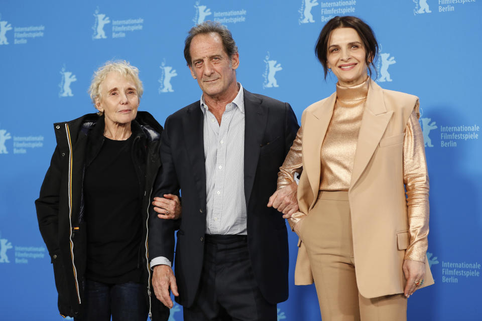 Director Claire Denis, actor Vincent Lindon, and actress Juliette Binoche are at the photocall of the competition film “Both Sides of the Blade” at the 72nd International Film Festival in Berlin - Credit: Gerald Matzka/picture-alliance/dpa/AP Images