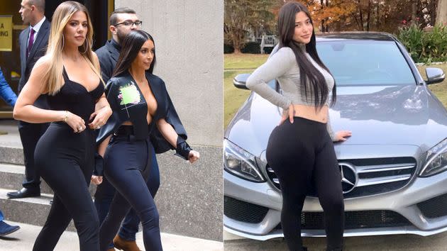 Khloe and Kim Kardashian seen out in Manhattan in 2017. To the right, a photo of Lucero, 25, after she got her Brazilian butt lift. (Photo: Robert Kamau/Getty Images/Lucero)