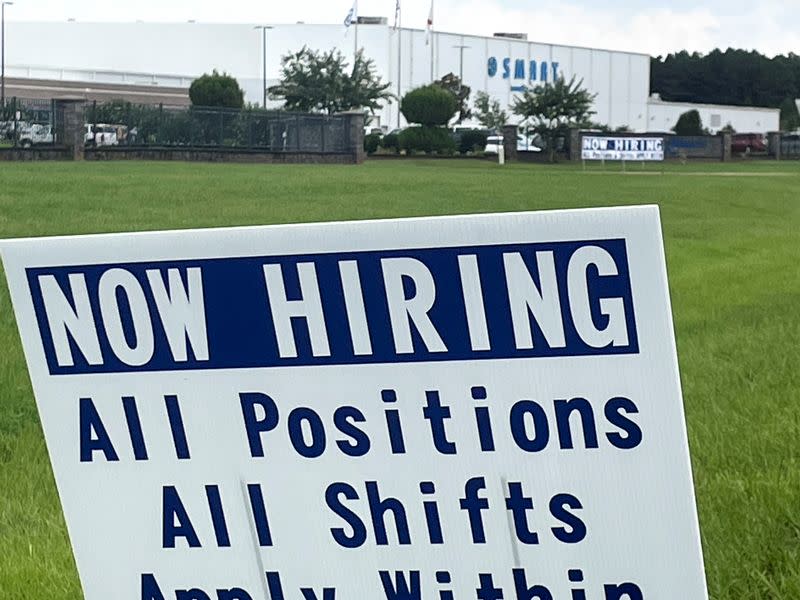 A sign advertising jobs stands near the SMART Alabama, LLC auto parts plant in Luverne