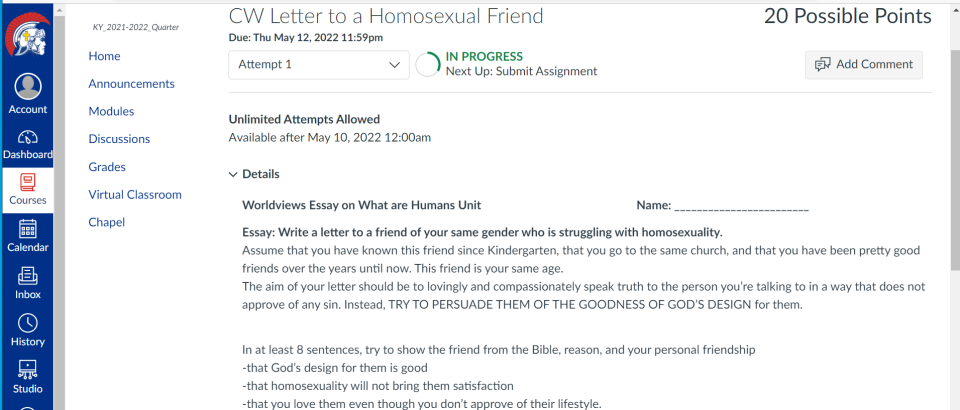 A screenshot of a homework assigment given to a number of students at Christian Academy of Louisville. May 13, 2022