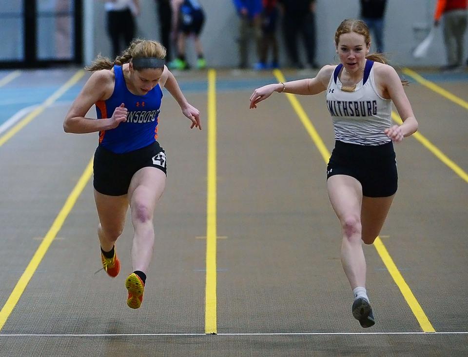 Smithsburg's Jenna Howe edges out Boonsboro's Kara Yaukey in the girls 55-meter dash during the Maryland Class 1A West Indoor Track & Field Championships on Saturday at Hagerstown Community College. Howe won the race in 7.71 seconds, while Yaukey placed third in 7.81.