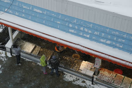 People buy seafood at the Wharf as the snow begins to fall in Washington January 22, 2016. REUTERS/Jonathan Ernst
