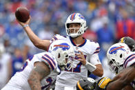 Buffalo Bills quarterback Josh Allen (17) throws a pass during the second half of an NFL football game against the Pittsburgh Steelers in Orchard Park, N.Y., Sunday, Sept. 12, 2021. The Steelers won 23-16. (AP Photo/Adrian Kraus)