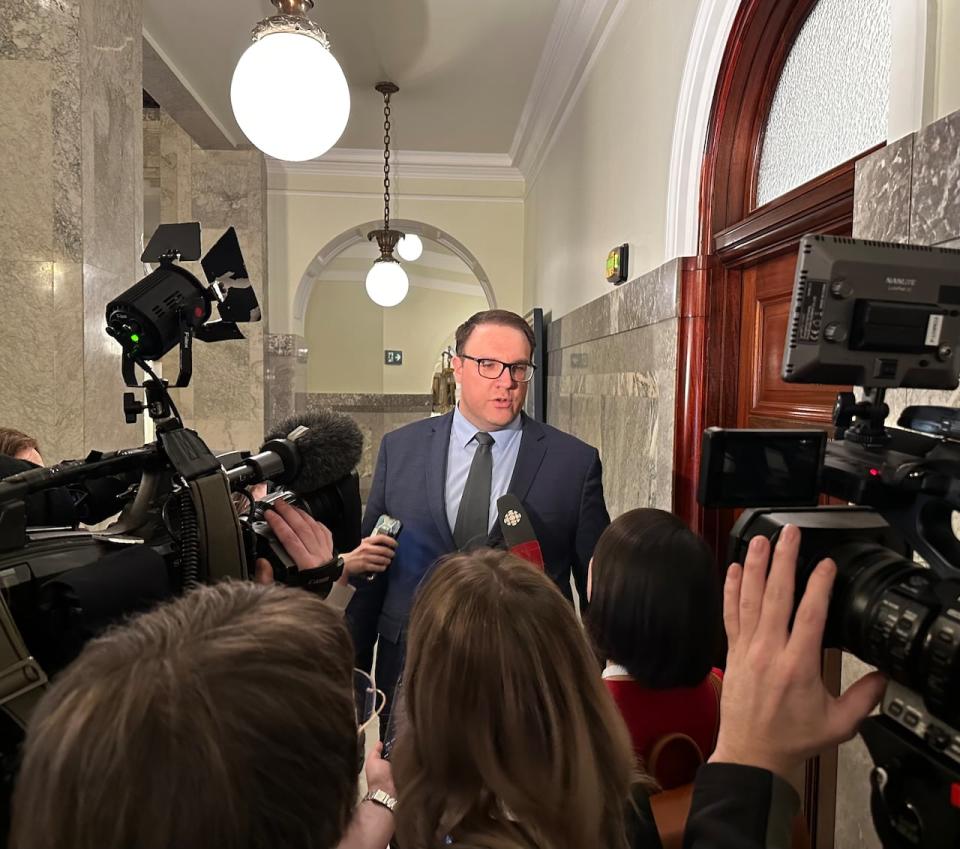 Jason Nixon answers questions from CBC News at the Alberta Legislature on March 18, 2024.