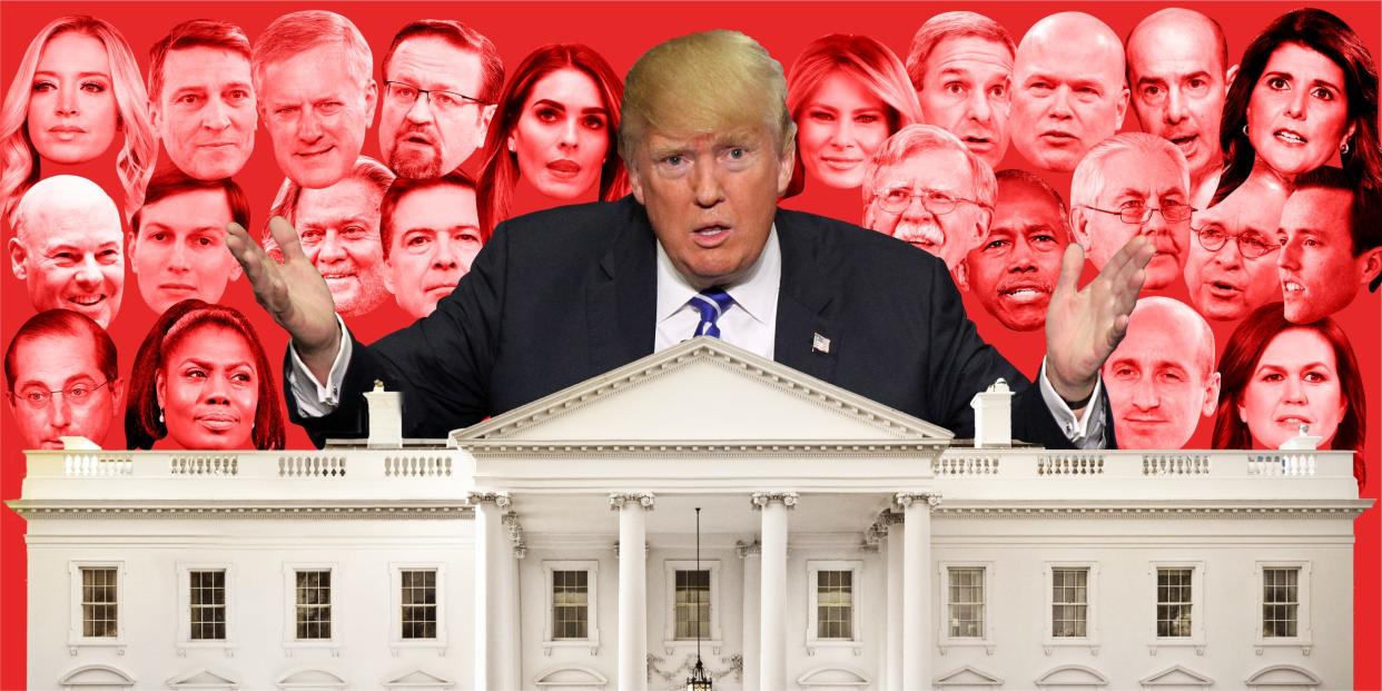 Donald Trump behind the White House with a group of people who used to work for his administration behind him on a red background.