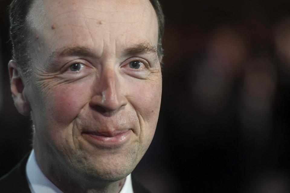 Chairman of The Finns Party Jussi Halla-aho reacts to first results of votes at The Finns Party parliamentary election party in Helsinki, Sunday, April 14, 2019. Voters in Finland are casting ballots in a parliamentary election Sunday after climate change dominated the campaign, even overshadowing topics like reforming the nation's generous welfare model. (Vesa Moilanen/Lehtikuva via AP)