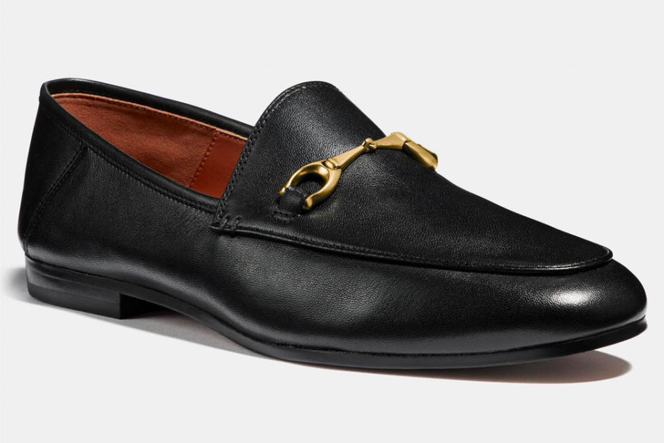 loafers, black, leather, gold, horsebit, coach