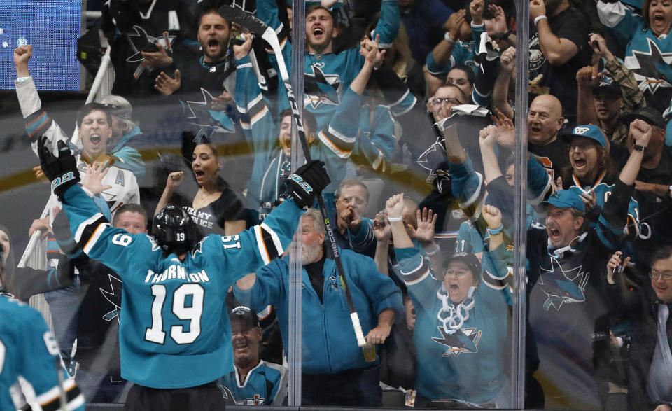 San Jose Sharks' Joe Thornton (19), celebrates after scoring goal against Colorado Avalanche in the second period of Game 1 of an NHL hockey second-round playoff series at the SAP Center in San Jose, Calif., on Friday, April 26, 2019. (AP Photo/Josie Lepe)